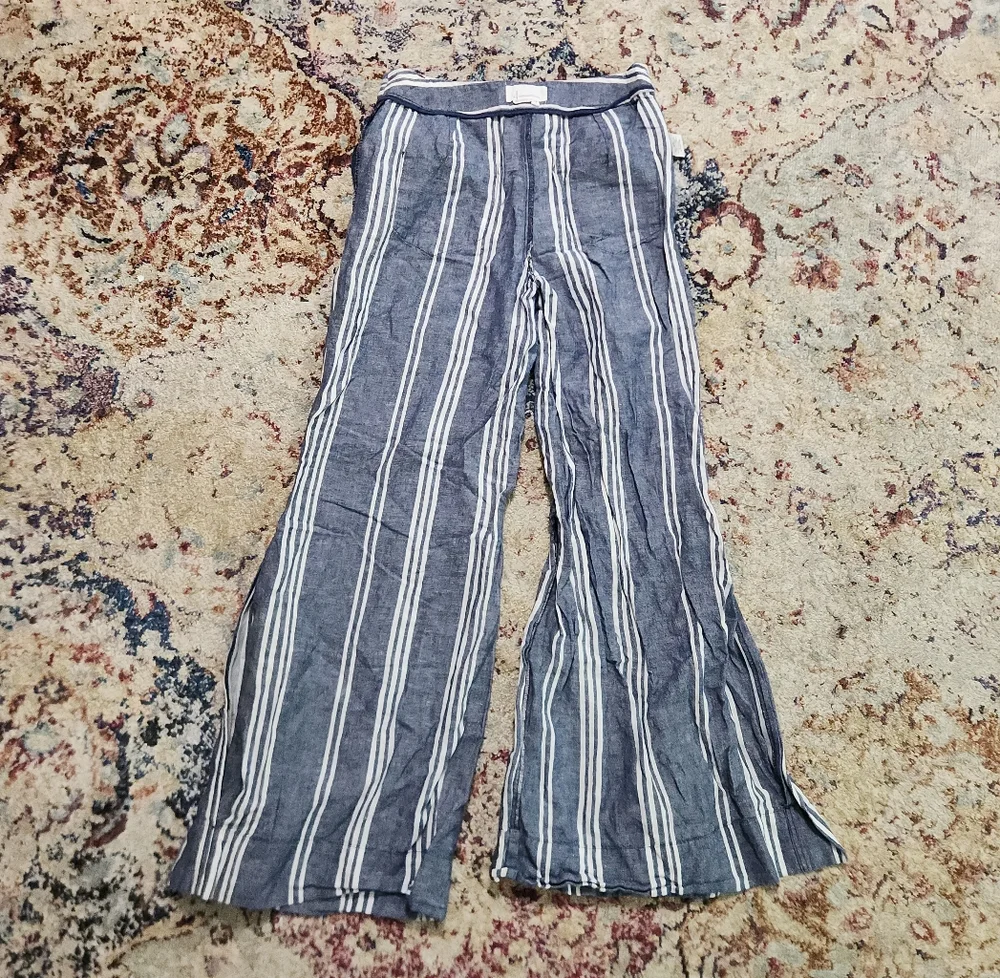 By Anthropologie Cotton & Linen Striped Wide Leg Side Slit Belted Pants Size 6 - Picture 4 of 13